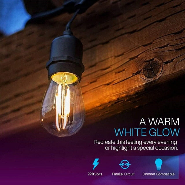 IP65 15M LED S14 String Lights Waterproof E27 Warm LED Retro Edison Filament Bulb