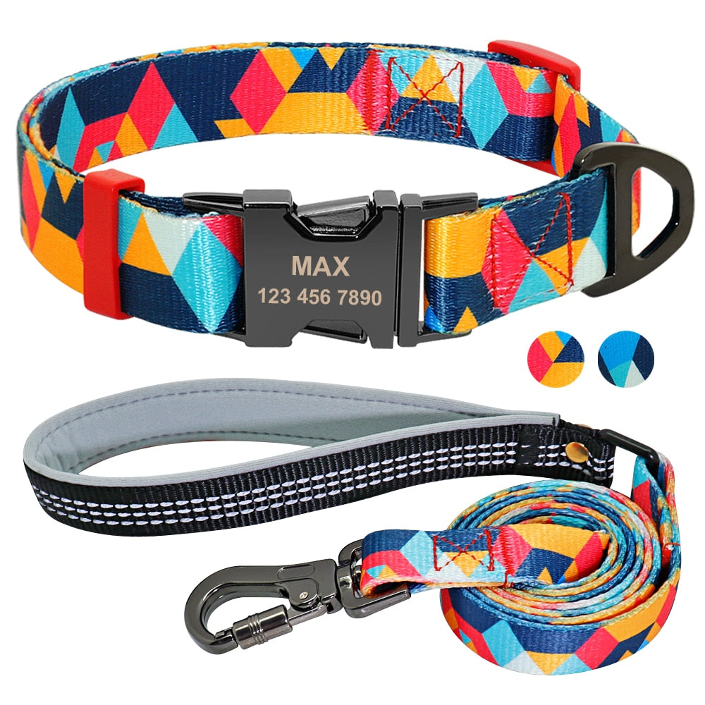 Nylon Dog Collar Leash Set Soft Personalized Custom Pet Name ID Collar Free Engraving - 99fab 