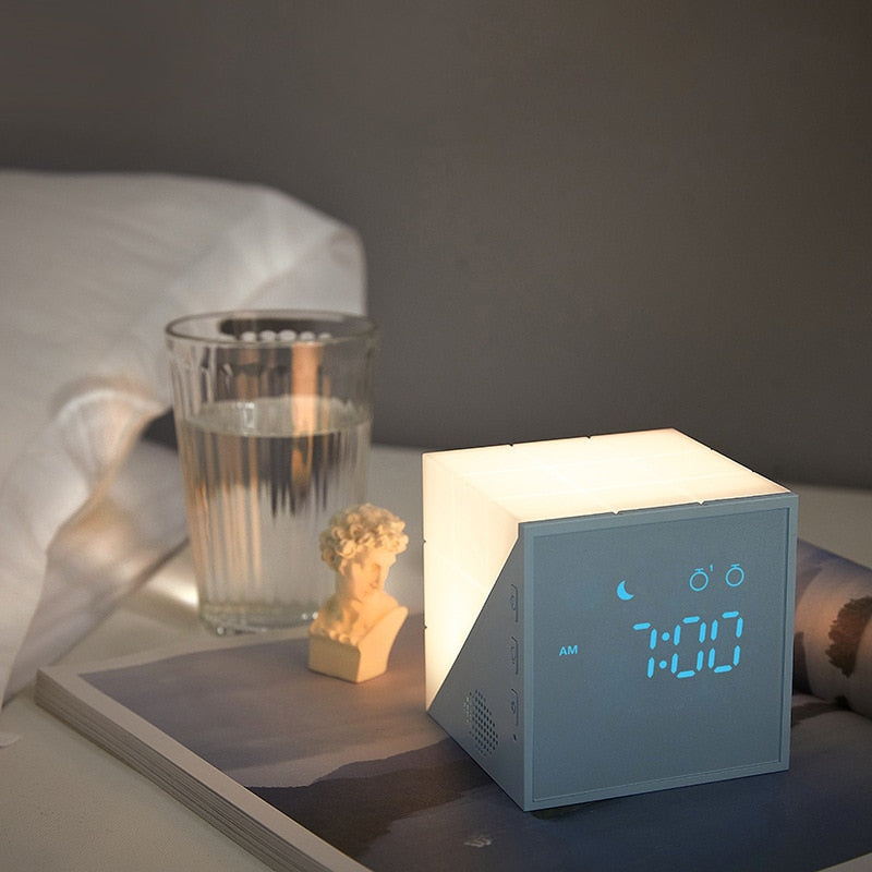 Mini LED USB Night Light with Alarm Clocks Voice Control Touch Cube Rechargeable - 99fab 