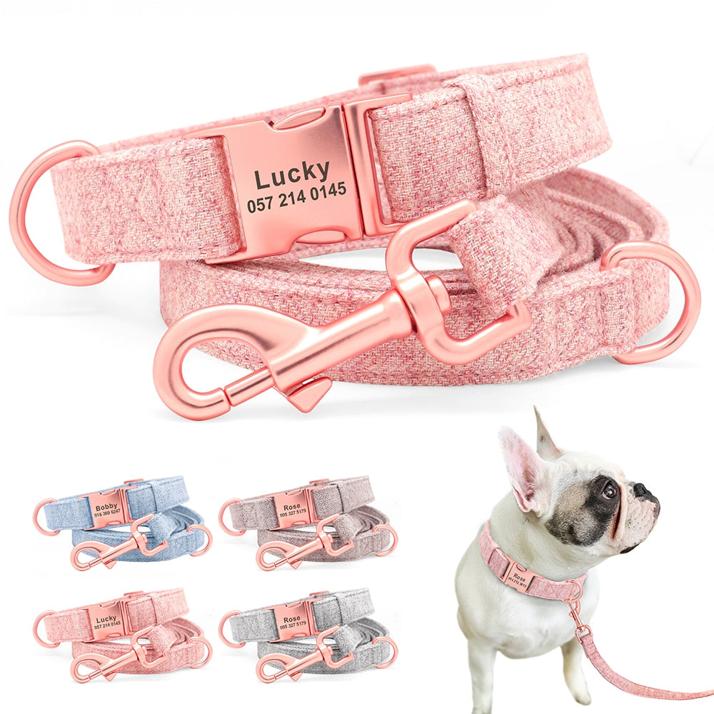 Personalized Adjustable Dog Collar with Leash and Custom Pet Name ID Free Engraving - 99fab 