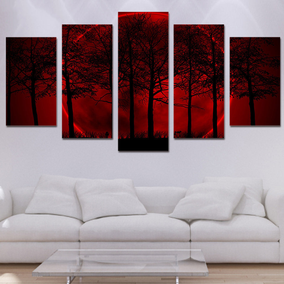 5 Panel Red Moon Sky Psychedelic Forest Painting Modern Canvas Wall Art - wall canvas - 99fab.com