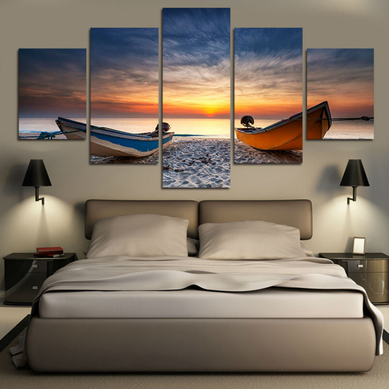 HD Printed 5 Pieces Beach Boat Canvas Painting - wall art - 99fab.com