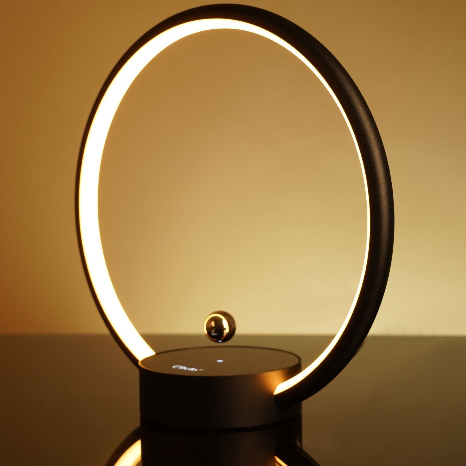 Modern Circle Table Lamp in Aluminum alloy with Dimmable Touch Control for Reading, Bedroom & Office, Black, Wood & White
