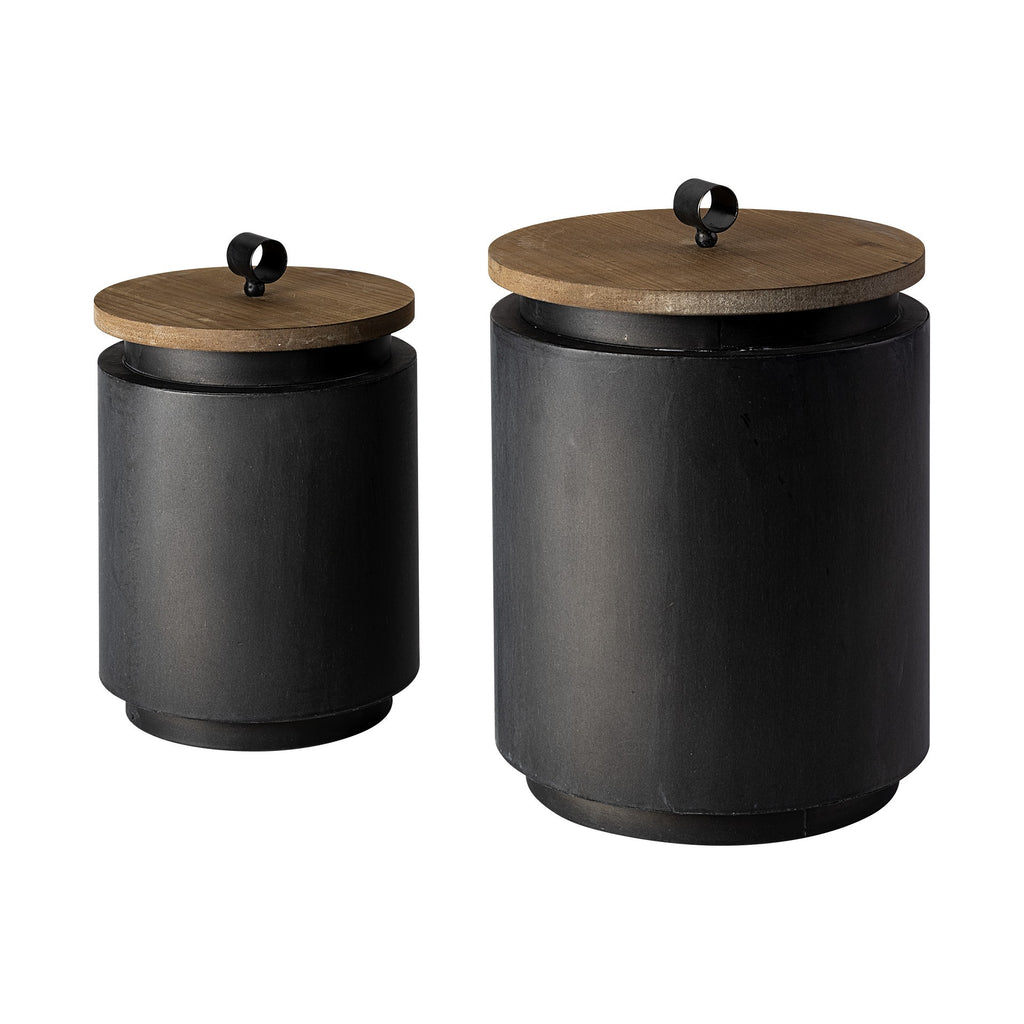 Set Of Two Gray Metal Cannisters With Wooden Lids - 99fab 