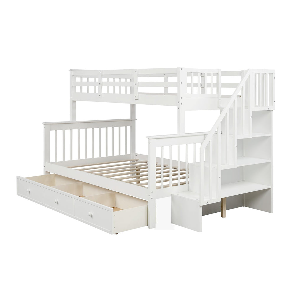 White Twin Over Full Contemporary Bunk Bed With Stairs And Shelves - 99fab 
