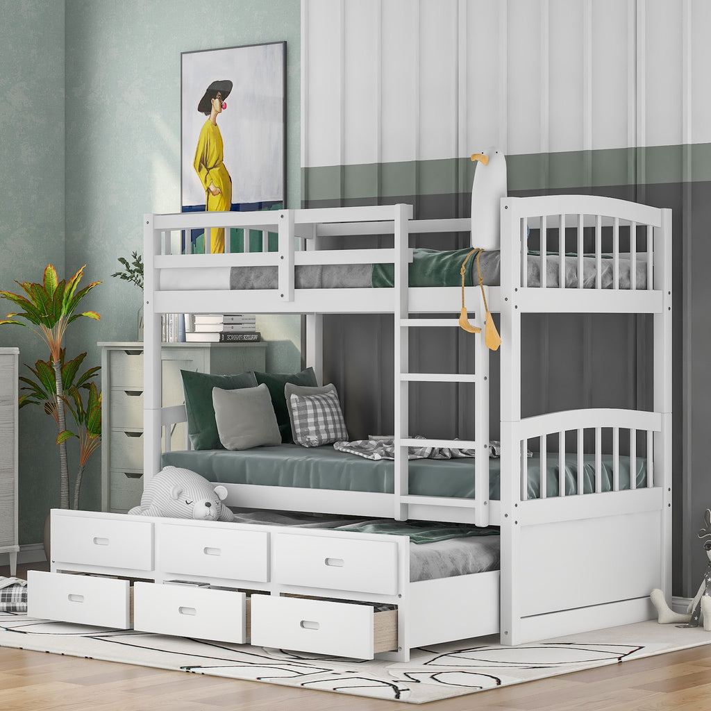 White Twin Over Twin Bunk Bed with Trundle and Drawers - 99fab 