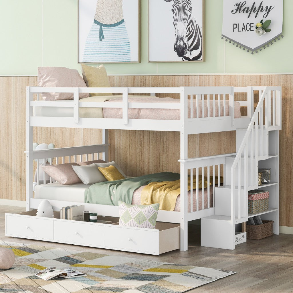 White Double Full Size Stairway Bunk Bed With Drawer - 99fab 