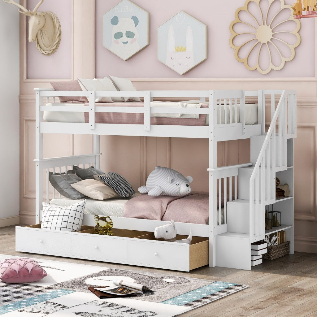 White Twin Over Twin Bunk Bed with Stairway and Drawers - 99fab 