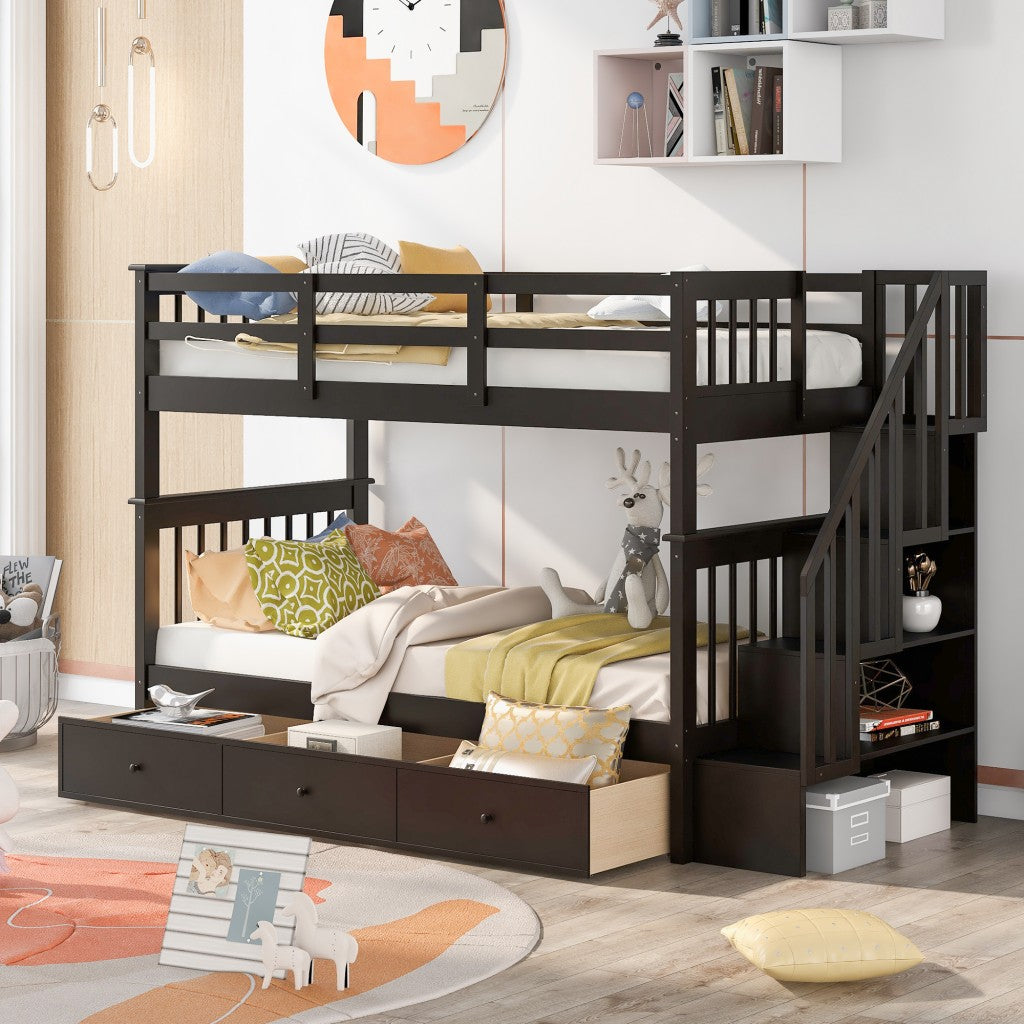 Espresso Twin Over Twin Bunk Bed with Stairway and Drawers - 99fab 