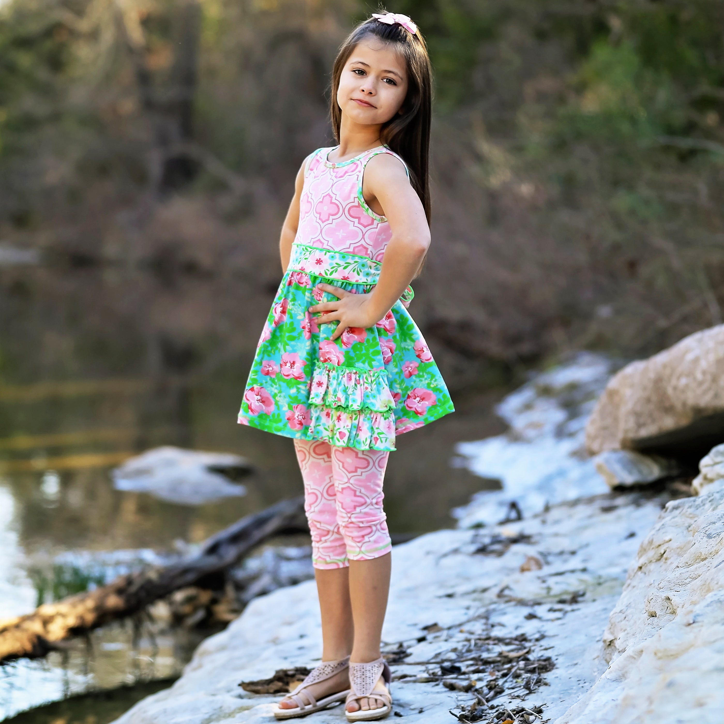 AnnLoren Little Toddler Big Girls' Floral Dress Leggings Boutique Clothing Set Spring Summer-3